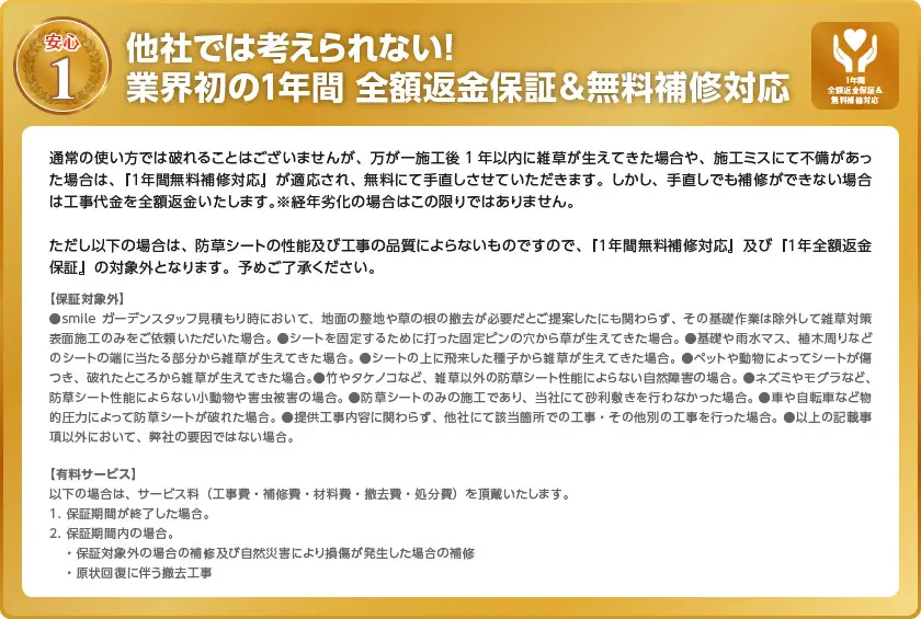 他社では考えられない！業界初の1年間全額返金保証＆無料補修対応