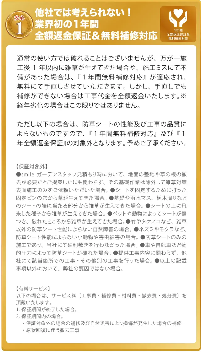 他社では考えられない！業界初の1年間全額返金保証＆無料補修対応